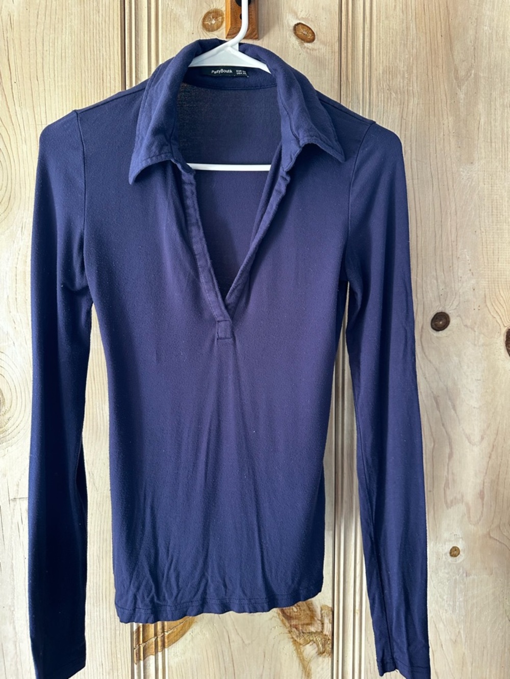 PattyBoutik Navy Long Sleeve Collared Top Women’s XS Stretch Fitted